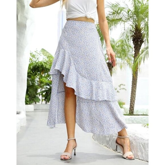 BTFBM Dresses & Skirts - BTFBM Skirt Women XL Blue Floral‎ Print Asymmetric Ruffle Hem Boho Maxi NWT